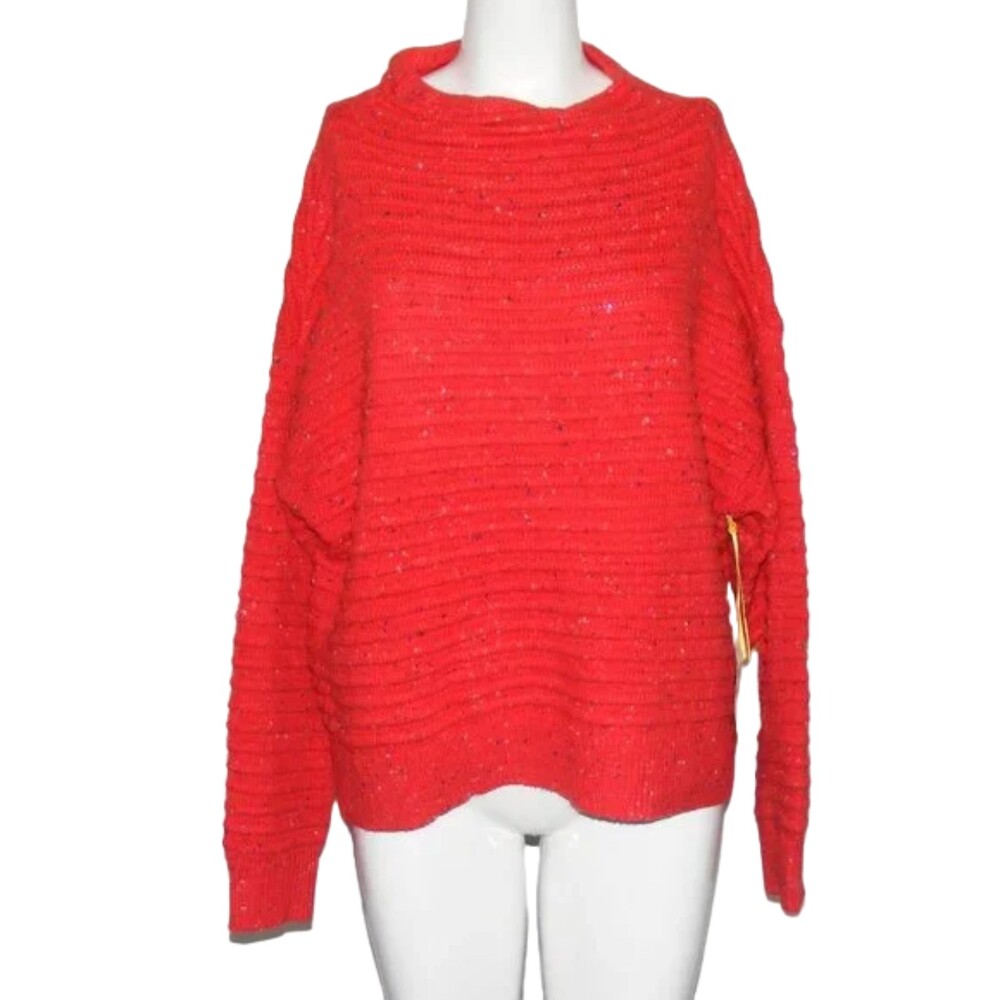 new CECE Sweater, XL, Red Ribbed, Mockneck Pullover, Flecked, Cotton-Acrylic - Picture 9 of 13